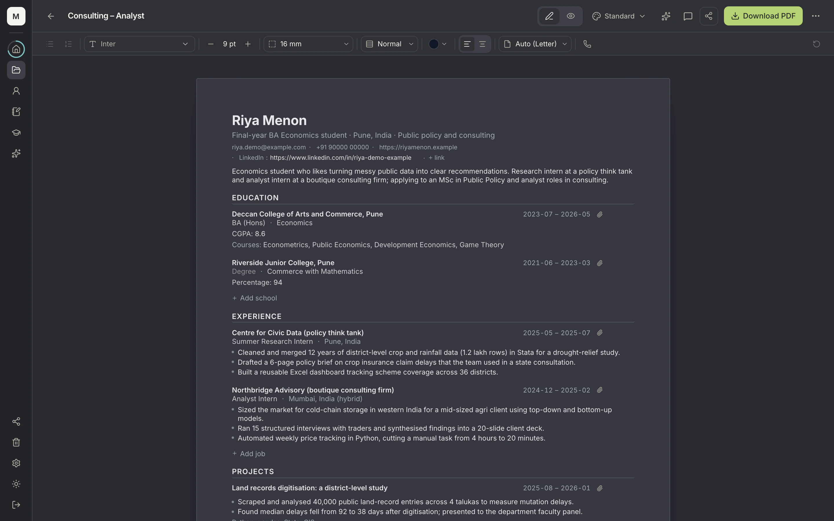 A resume open in the MetaLaunch editor