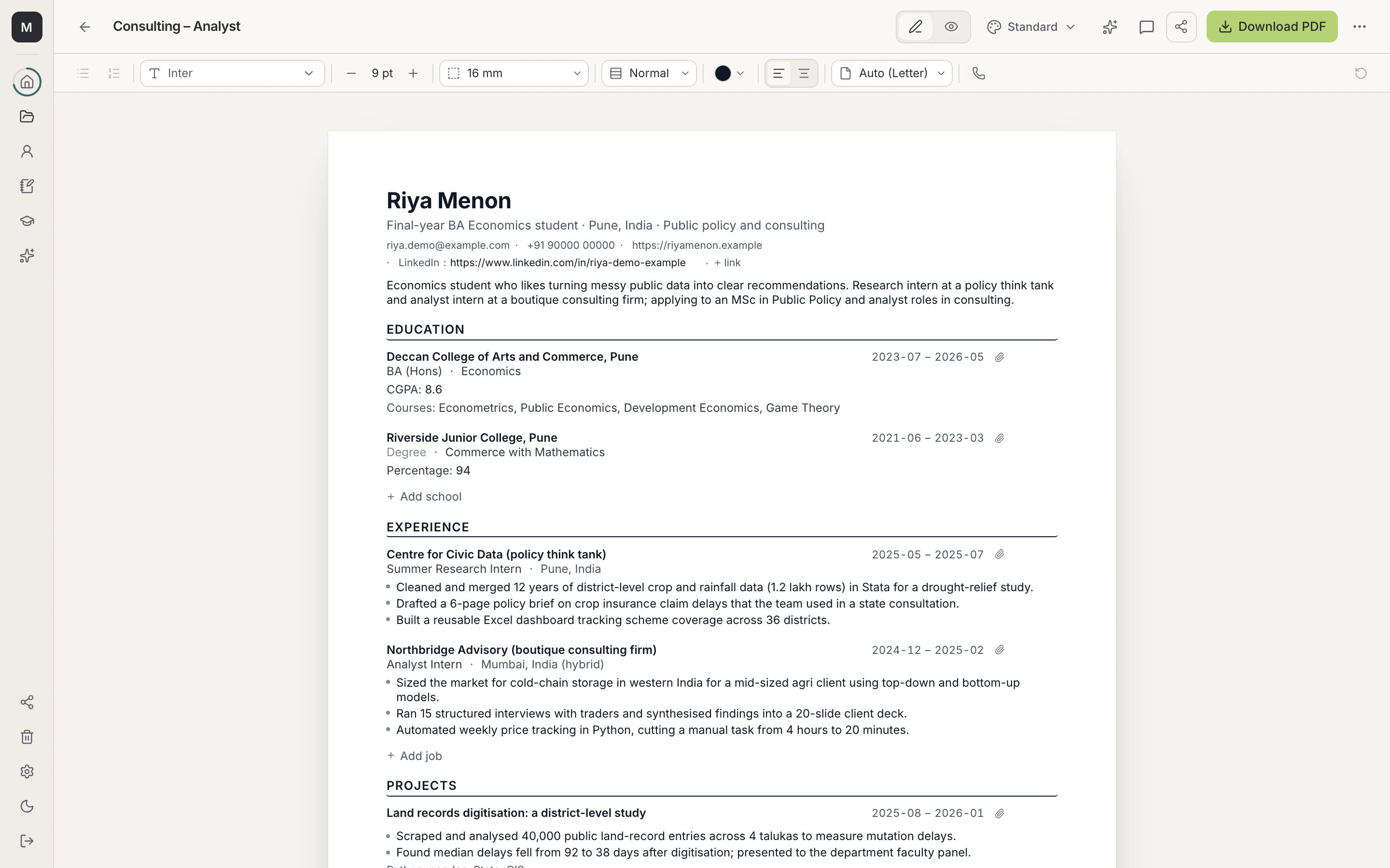 A resume open in the MetaLaunch editor